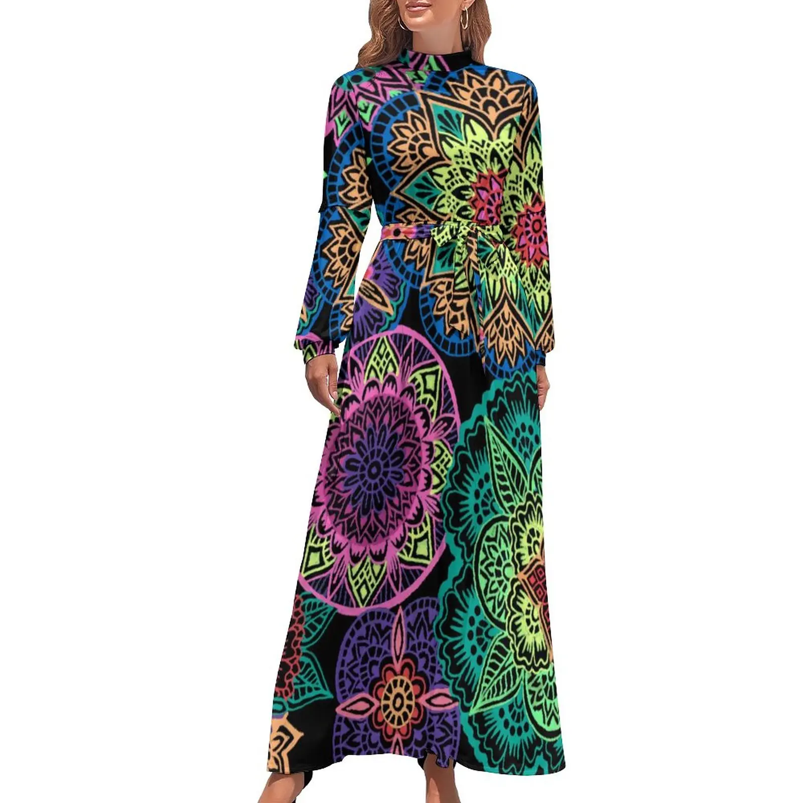 Neon Mandala Dress High Neck Colorful Floral Print Bohemia Dresses Long Sleeve Street Fashion Long Maxi Dress Party Vestidos
Neon Mandala Dress High Neck Colorful Floral Print Bohemia Dresses Long Sleeve Street Fashion Long Maxi Dress Party Vestidos