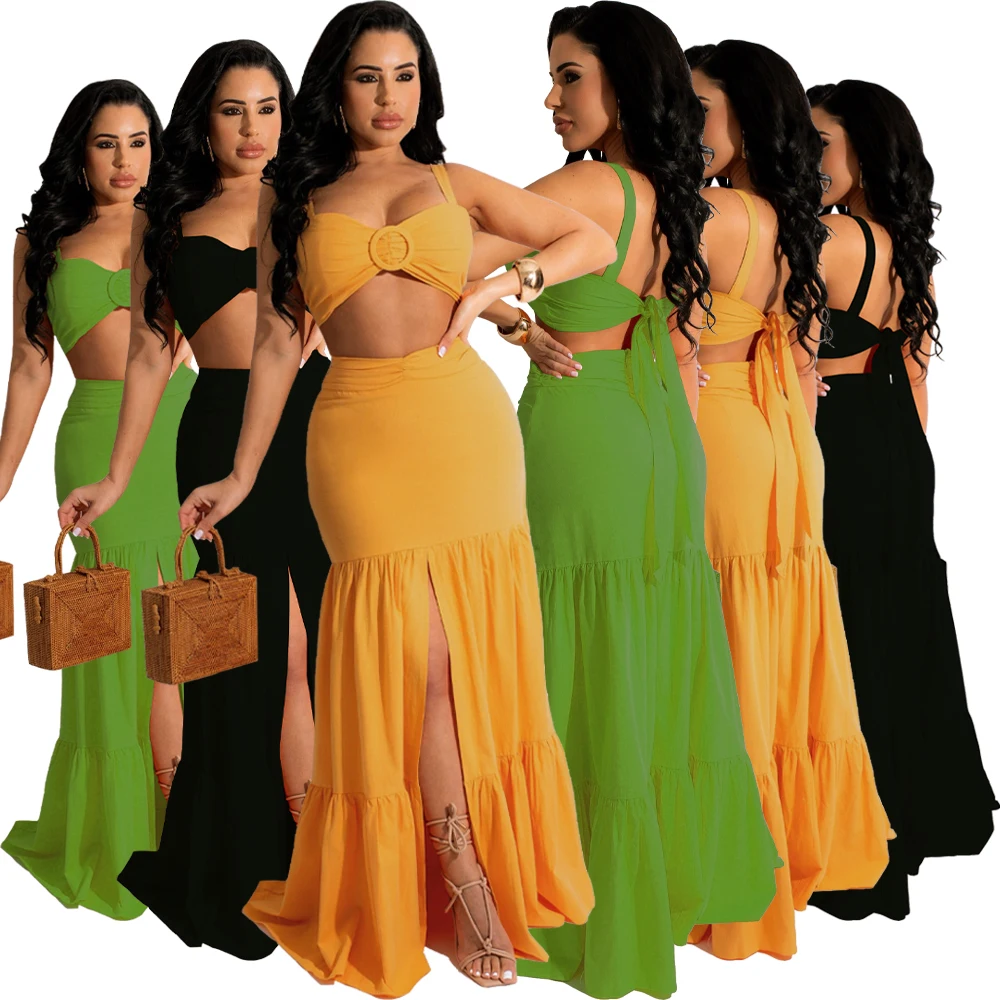 2022 Summer Holidays Women Two Pieces Set Solid Strapless Crop Top Split Ruffles Maxi Skirt Sexy Lace up Clothes
2022 Summer Holidays Women Two Pieces Set Solid Strapless Crop Top Split Ruffles Maxi Skirt Sexy Lace up Clothes