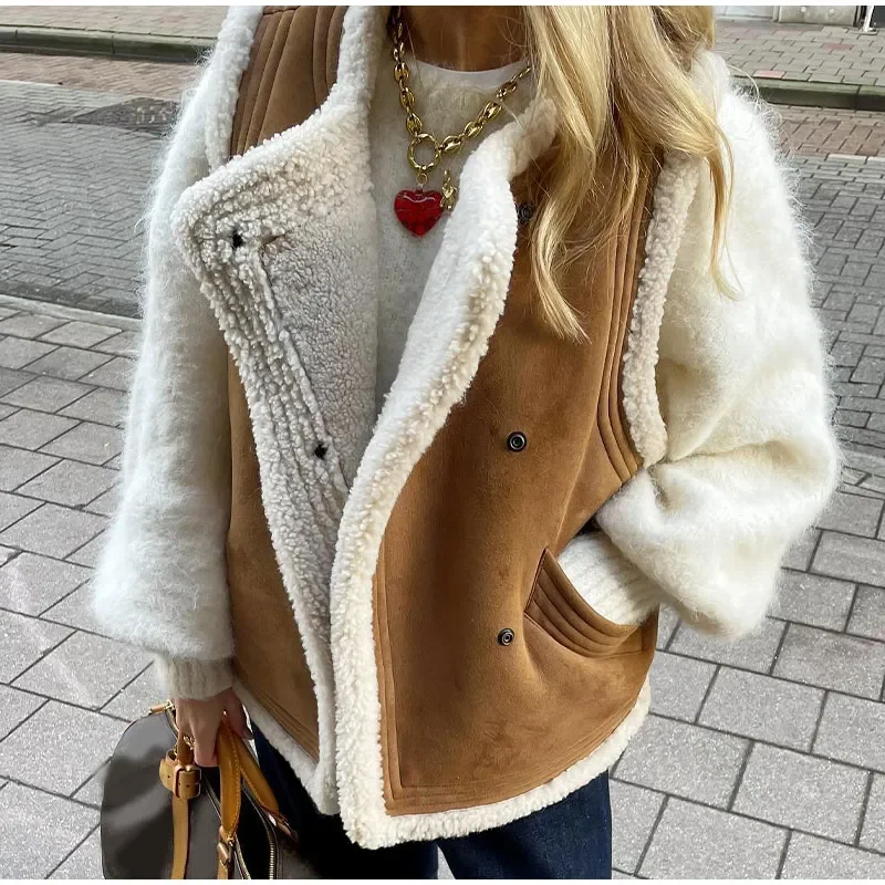 

2023 Brown Patchwork Pocket Fur Teddy Coats Autumn Sleeveless Thicken Covered Button Cardigan Vest Female Loose Street Waistcoat