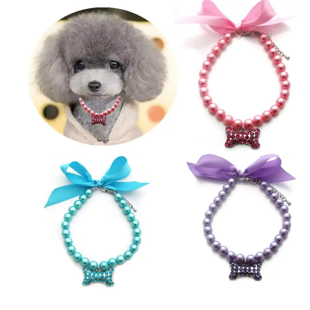 

5 Pieces Pet Pearl Necklace Fancy Diamond Crystal Dog Pearl Necklace Colorful Collars With Bling Rhinestones Bone (S)