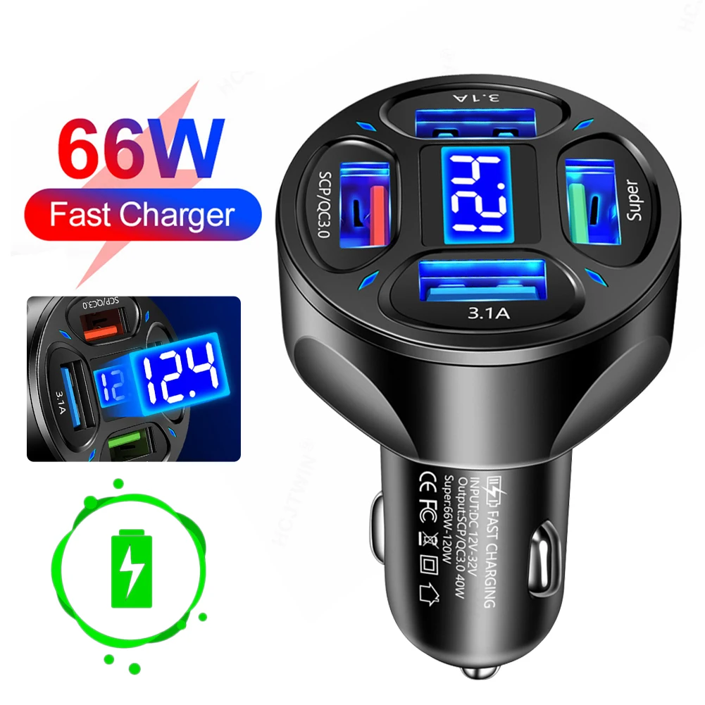 12V/24V 4 USB Ports Car Charger Fast Charging 66W USB Type C Charger with Lighter Adapter LED Voltmeter for Huawei Xiaomi iPhone
12V/24V 4 USB Ports Car Charger Fast Charging 66W USB Type C Charger with Lighter Adapter LED Voltmeter for Huawei Xiaomi iPhone
