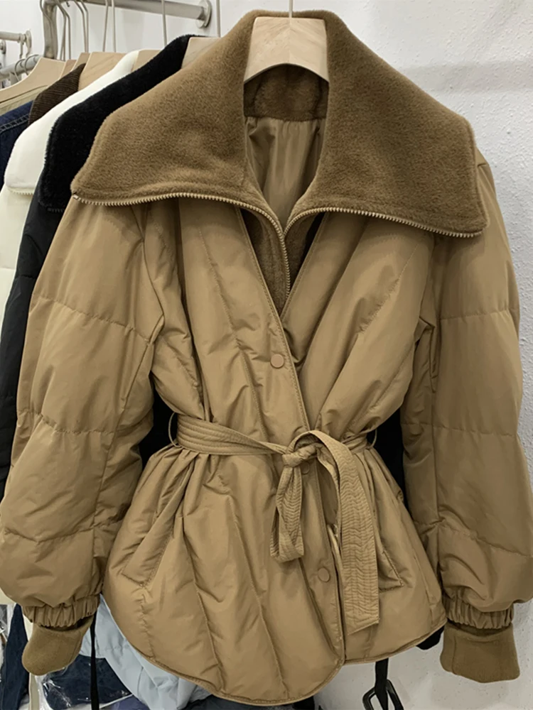 

Fitaylor Winter Women Turn-down Collar Button Sash Tie Up Coat Female White Duck Down Coat Office Lady Thick Warm Coat