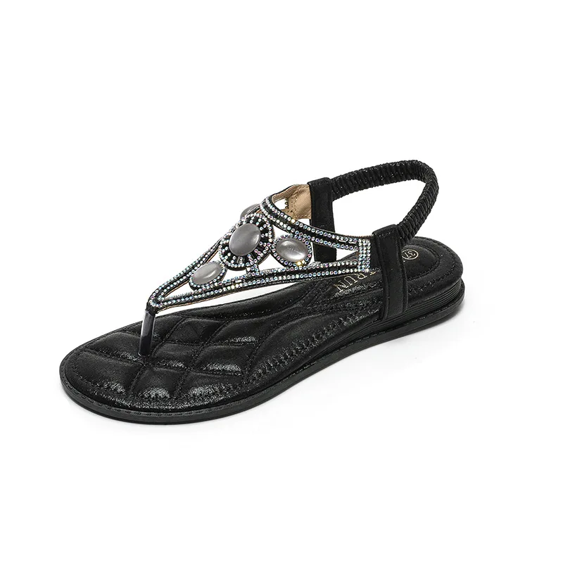 

Qianshuyi Chic Black Rhinestone Embellished Bohemian Thong Sandals 3CM Wedge for Stylish Beach Summer 2024 Slip-On Free Shipping