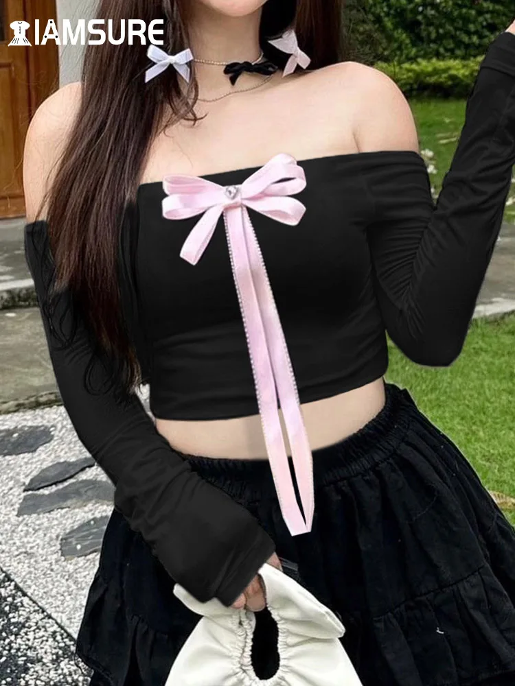 IAMSURE Sweet Cute Bow Cropped T Shirt Casual Slim Slash Neck Long Sleeve Tees Women 2023 Autumn Winter Fashion Streetwear Lady
IAMSURE Sweet Cute Bow Cropped T Shirt Casual Slim Slash Neck Long Sleeve Tees Women 2023 Autumn Winter Fashion Streetwear Lady