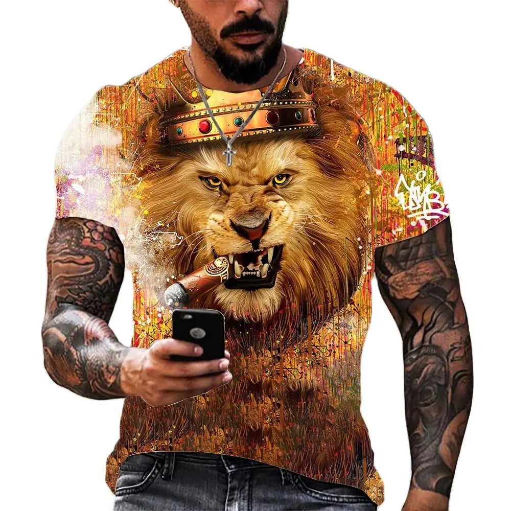 

2023 New Summer 3D Lion Print T Shirt Men Ladies Casual Round Neck Short Sleeve Polyester Versatile Shirt Handsome Men