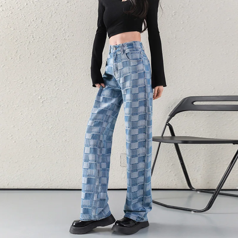 Streetwear Jacquard Wide Legs Pants Plaid High Waist Loose Straight Blue Jeans Women's Drapey Mopping Denim Trousers Female 959
Streetwear Jacquard Wide Legs Pants Plaid High Waist Loose Straight Blue Jeans Women's Drapey Mopping Denim Trousers Female 959