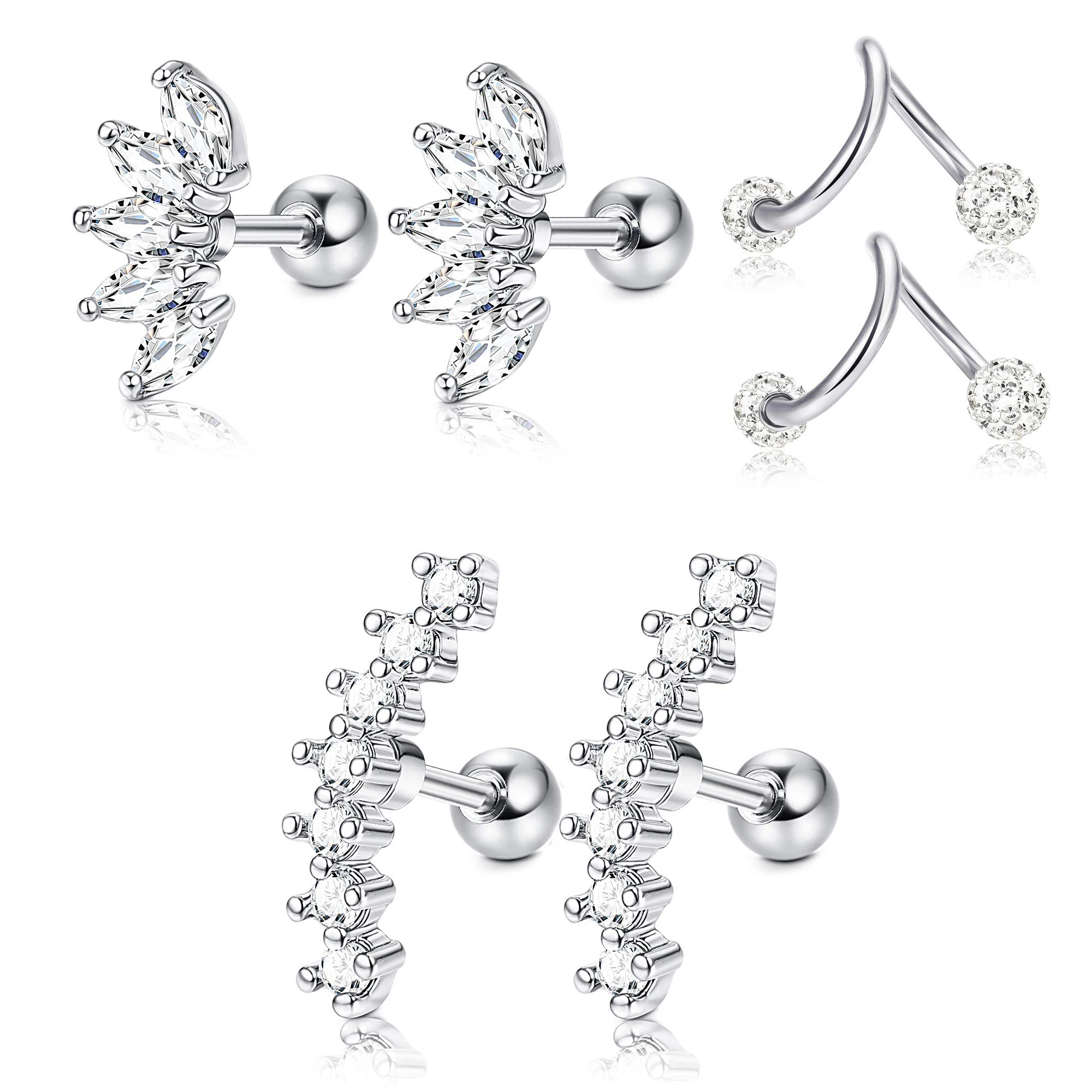 3 Pairs Stainless Steel Silver Ear Cartilage Earrings for Women Girls Tragus Helix Earring Cute Conch Ball Back Piercing Jewelry 
3 Pairs Stainless Steel Silver Ear Cartilage Earrings for Women Girls Tragus Helix Earring Cute Conch Ball Back Piercing Jewelry