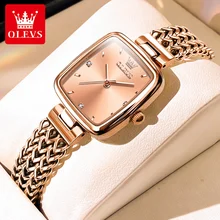 OLEVS Quartz Watch for Women Elegant Rose Gold Stainless Steel Square Watch Original Ladies Wristwatches Jewelry Set Gift Luxury