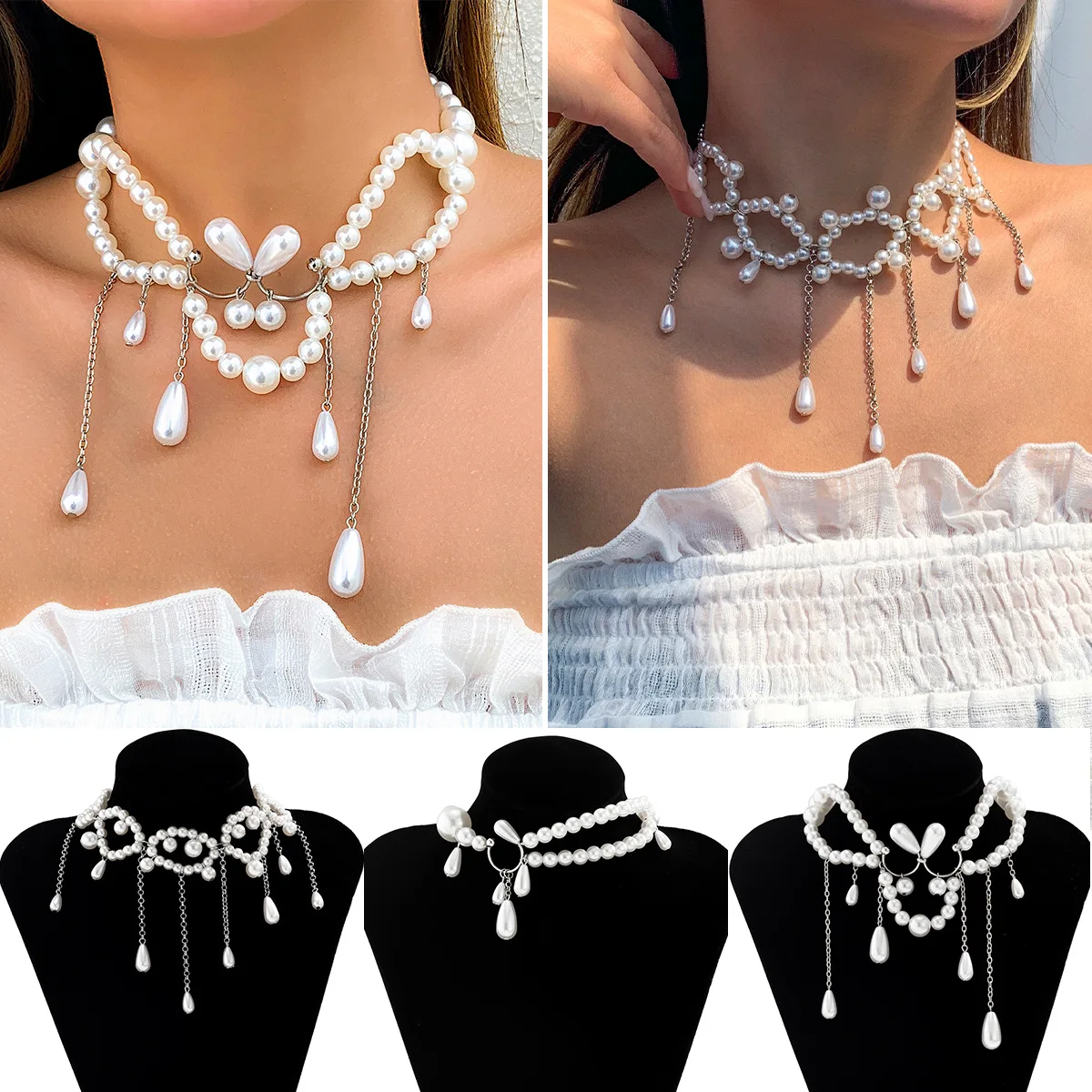 Retro water drop shaped clavicle chain imitation pearl tassel small cold wind Necklace
Retro water drop shaped clavicle chain imitation pearl tassel small cold wind Necklace