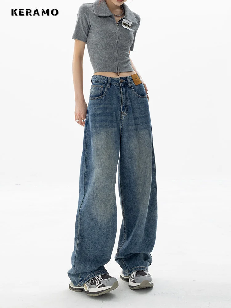 

Американские винтажные прямые джинсовые брюки с высокой талией 2023 Женские повседневные мешковатые брюки Y2K с широкими штанинами в стиле гранж уличная одежда стильные джинсовые брюки