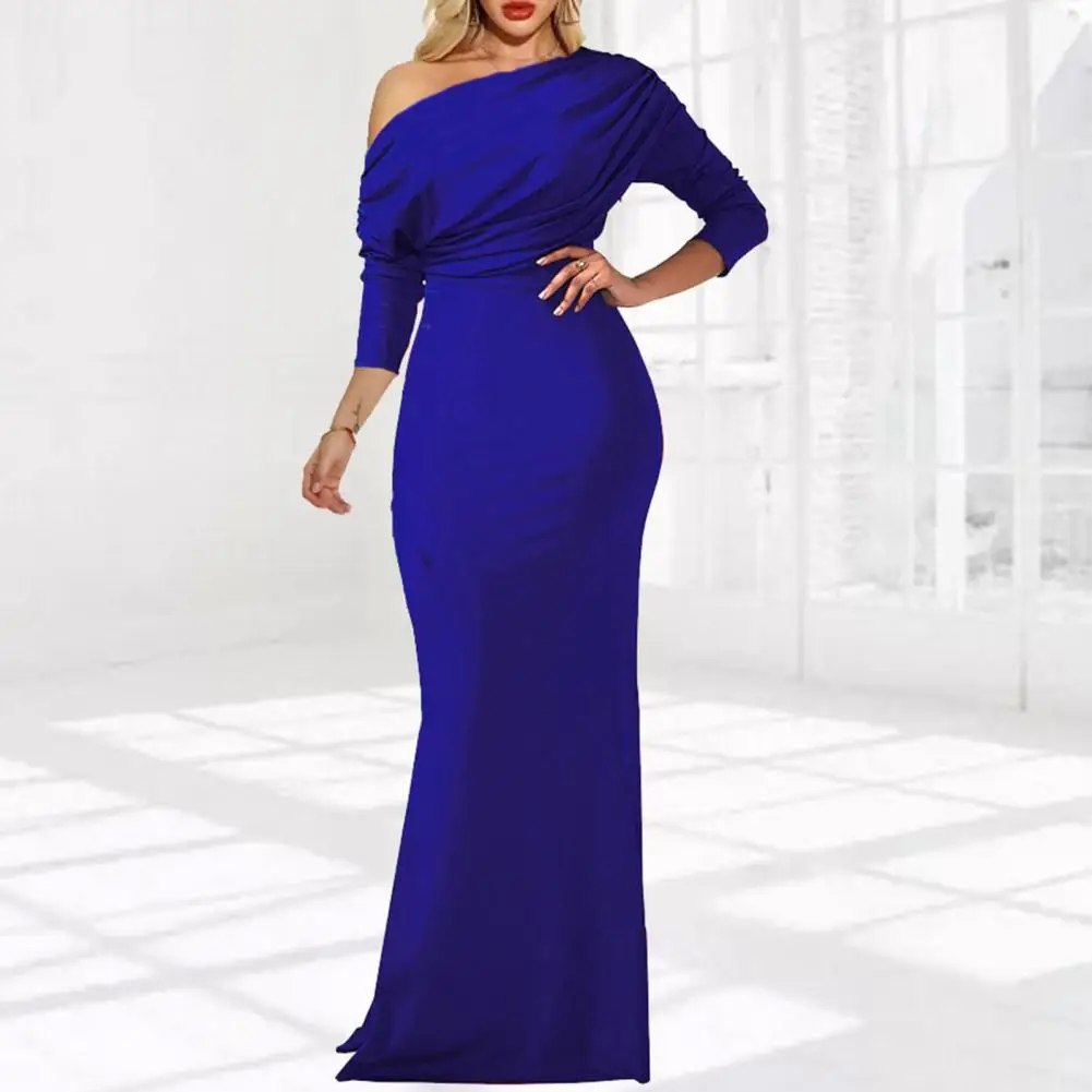 Oblique Shoulder Pleated Tight Waist Evening Dress Long Sleeve Floor Length Lady Dress Solid Color Loose Hem Sheath Dress
Oblique Shoulder Pleated Tight Waist Evening Dress Long Sleeve Floor Length Lady Dress Solid Color Loose Hem Sheath Dress