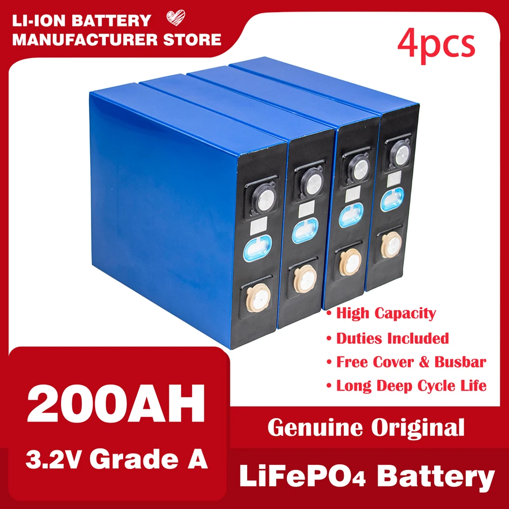 

4PCS 3.2V Lifepo4 200Ah Battery Rechargeable Battery Deep Lithium Iron Phosphate Battery DIY 12V 24V EV RV Solar System Forklift