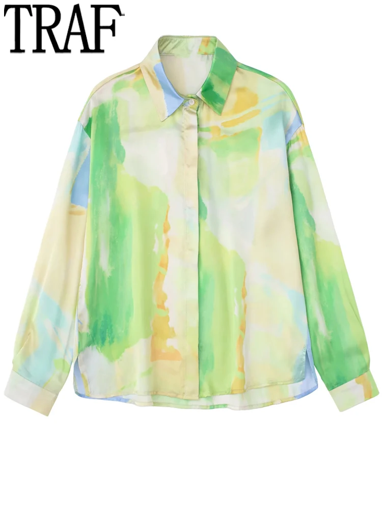 

TRAF Tie Dye Print Women Shirt Baggy Button Up Shirts Woman Long Sleeve Summer Blouse Female Fashion Streetwear Collared Shirt