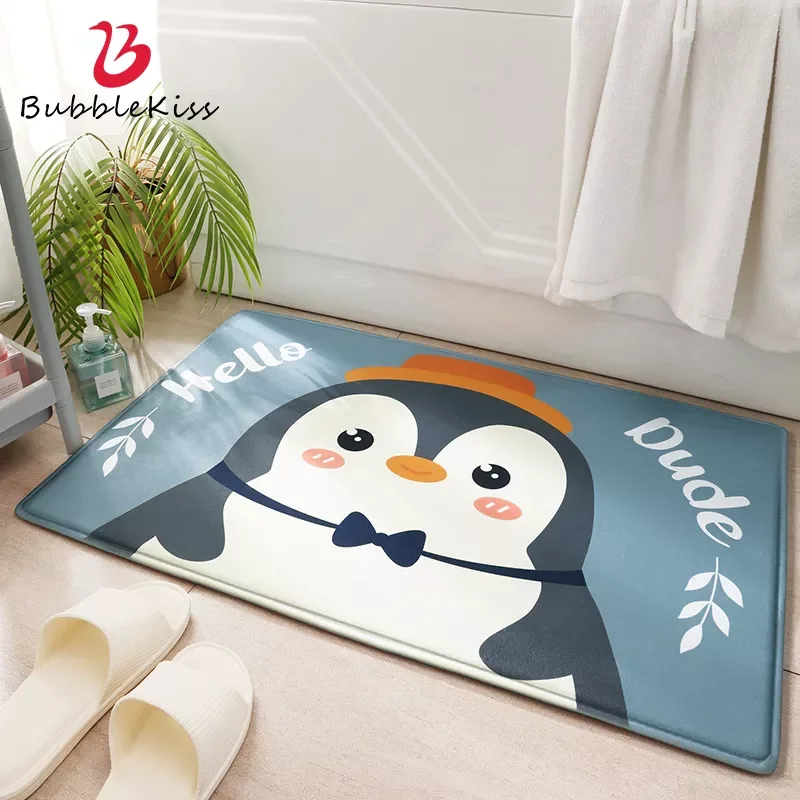 

Bubble Kiss Modern Cartoon Cute Penguin Pattern Floor Mat Home Non-Slip Entry Door Carpet Bathroom Water Absorption Area Rug