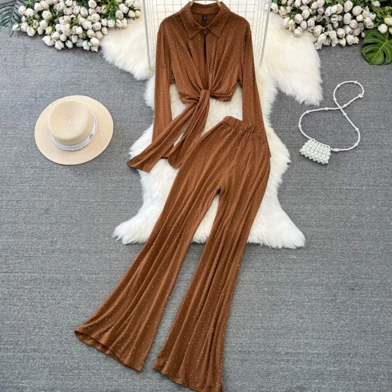 

Women Fashion New Elegant Casual Pantsuit Vintage Solid Chic Shirts Tops Flare Pants Outfits Female Party Two Pieces Set Clothes