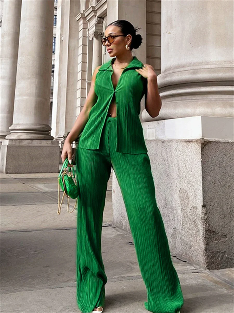 Fashion two piece sets womens outifits 2 Piece Pants Suits Pleated Matching Sets Sleeveless Button Down Shirt Long Pants Set
Fashion two piece sets womens outifits 2 Piece Pants Suits Pleated Matching Sets Sleeveless Button Down Shirt Long Pants Set