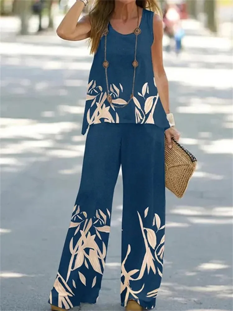 Женский Повседневный костюм с принтом, топ без рукавов с круглым вырезом и свободные брюки с широкими штанинами, весна-лето 2023
Женский Повседневный костюм с принтом, топ без рукавов с круглым вырезом и свободные брюки с широкими штанинами, весна-лето 2023