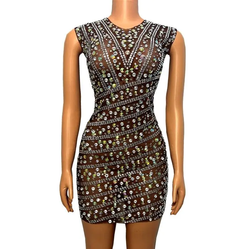 Shining Silver Colorful Rhinestones Sleeveless Transparent Costume Brown Dress Evening Party Prom Birthday Celebrate
Shining Silver Colorful Rhinestones Sleeveless Transparent Costume Brown Dress Evening Party Prom Birthday Celebrate