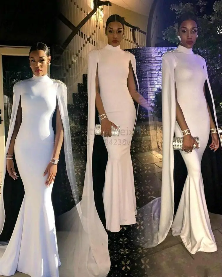 Sexy High Neck White Evening Dress Mermaid Satin With Cape Sleeves Wear Prom Party Gown Custom Made Plus Size With Jacket
Sexy High Neck White Evening Dress Mermaid Satin With Cape Sleeves Wear Prom Party Gown Custom Made Plus Size With Jacket