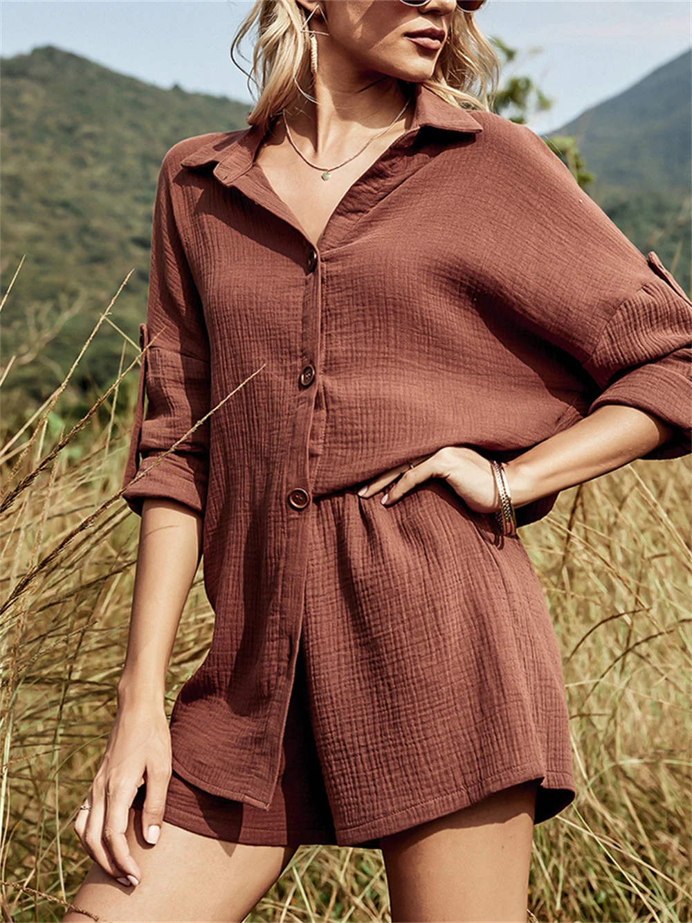 Women Cotton Linen Button Shirt With Mini Shorts Baggy Casual Streetwear Two Pieces Sets Fashion Loose Clothing Female Blouses 
Women Cotton Linen Button Shirt With Mini Shorts Baggy Casual Streetwear Two Pieces Sets Fashion Loose Clothing Female Blouses