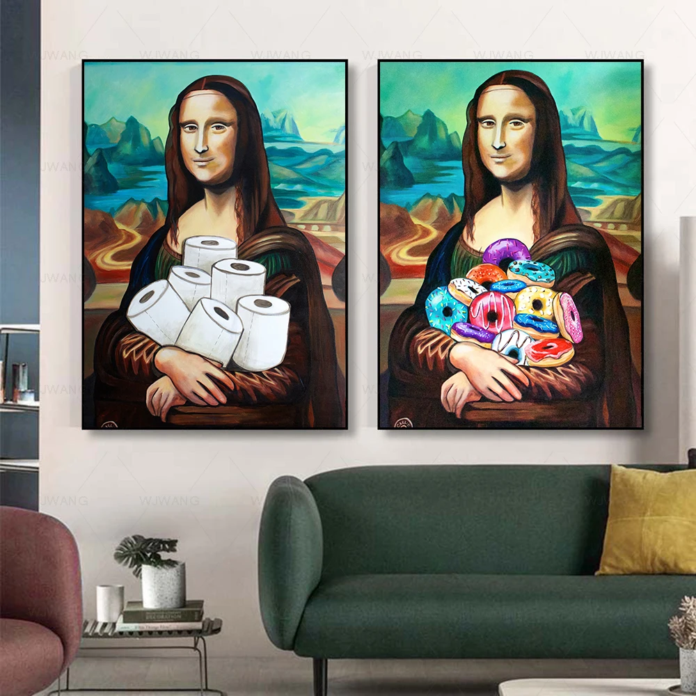 

Funny Mona Lisa Art Painting Holding Toilet Paper Canvas Art Mural Poster and Prints Wall Picture Living Room Home Decor Cuadros