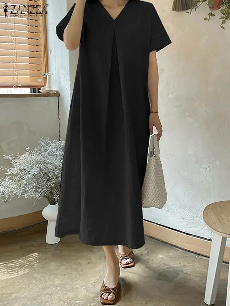 Платье ZANZEA женское с V-образным вырезом и коротким рукавом, Стильный винтажный праздничный сарафан, повседневный свободный Макси-халат, однотонное 
Платье ZANZEA женское с V-образным вырезом и коротким рукавом, Стильный винтажный праздничный сарафан, повседневный свободный Макси-халат, однотонное
