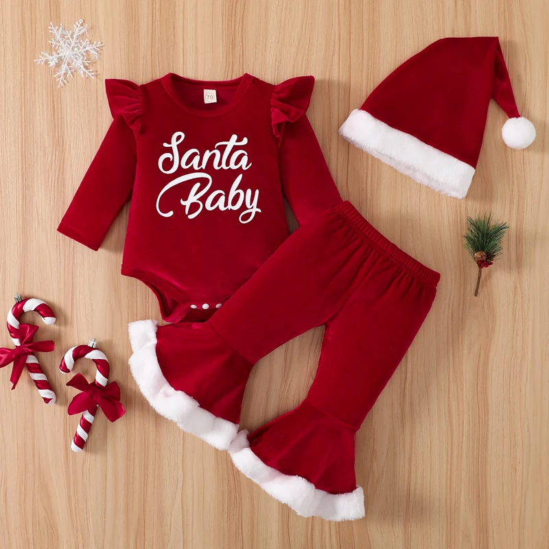 Toddler Infant Baby Girls Christmas Clothes Sets Long Sleeve Ruffled Letters Print Velvet Bodysuits+Flare Pants+Hat Xmas Outfits
Toddler Infant Baby Girls Christmas Clothes Sets Long Sleeve Ruffled Letters Print Velvet Bodysuits+Flare Pants+Hat Xmas Outfits
