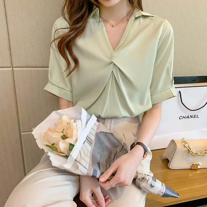 White short sleeved shirt women new design sense minority acetic acid Satin French V-neck top 604B, 429-4
White short sleeved shirt women new design sense minority acetic acid Satin French V-neck top 604B, 429-4