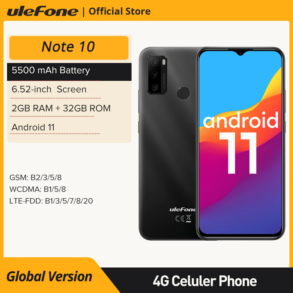 

Ulefone Note 10 Android 11 Smartphone 6.52" 2+32GB Octa Core 4G Cellphone 5500mAh Fingerprint ID /Face Unlock/OTG