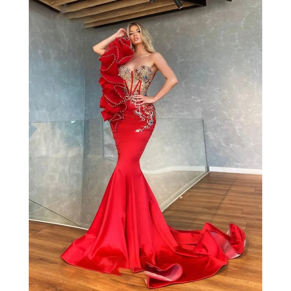 Red Mermaid Evening Dress For Women Special Occasion Crystal Beaded Ruffle Floor Length Sleeveless Sweetheart Robe Femme Soirée
Red Mermaid Evening Dress For Women Special Occasion Crystal Beaded Ruffle Floor Length Sleeveless Sweetheart Robe Femme Soirée