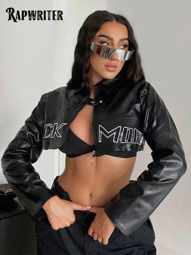 

Rapwriter Moto Style PU Leather Jackets For Women Streetwear Fashion Black Letter Patched Zip-up Crop Coats Autumn Punk Outfits
