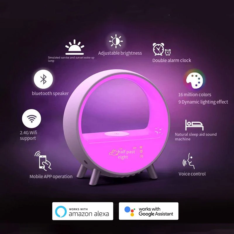 Умное управление через приложение, светодиодный RGB ночник, атмосферные лампы, цифровой будильник, динамик, беспроводное зарядное устройство, прикроватное украшение для спальни
Умное управление через приложение, светодиодный RGB ночник, атмосферные лампы, цифровой будильник, динамик, беспроводное зарядное устройство, прикроватное украшение для спальни