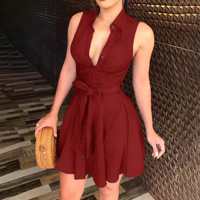 New Summer Women Sleeveless Shirt Dress Slim Sexy Lace Up Button Mini Dress Casual Solid Dress Elegant Lapel Simple Office Dress
New Summer Women Sleeveless Shirt Dress Slim Sexy Lace Up Button Mini Dress Casual Solid Dress Elegant Lapel Simple Office Dress