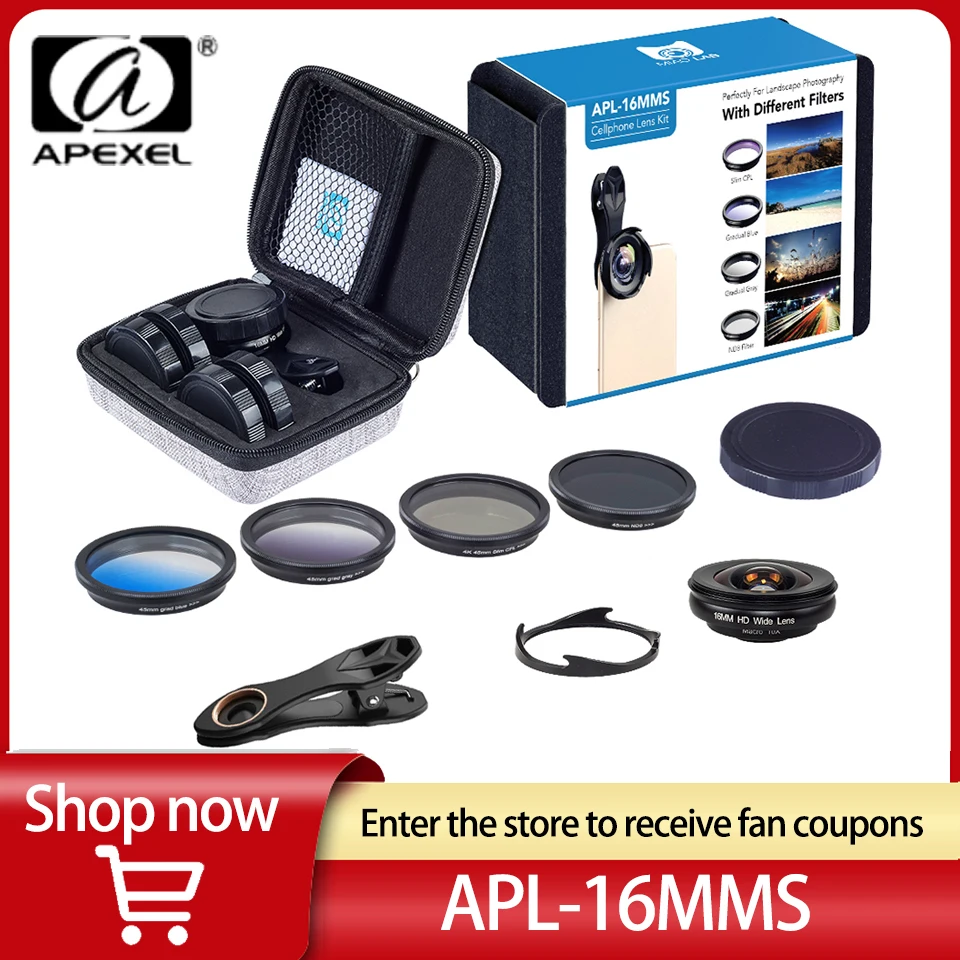 APEXEL HD Phone Camera Lens Kit Portable Wide Angle/Macro Lens with Grad Filter CPL ND Filter for Smartphone
APEXEL HD Phone Camera Lens Kit Portable Wide Angle/Macro Lens with Grad Filter CPL ND Filter for Smartphone