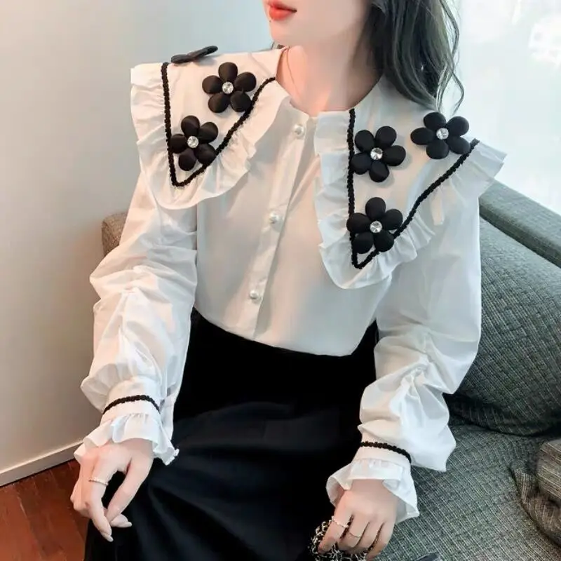 

Корейские рубашки, женские блузки с бисером и цветочным принтом, модная женская одежда, белые, черные топы Y2K, Элегантная блузка, женские блузки с длинным рукавом