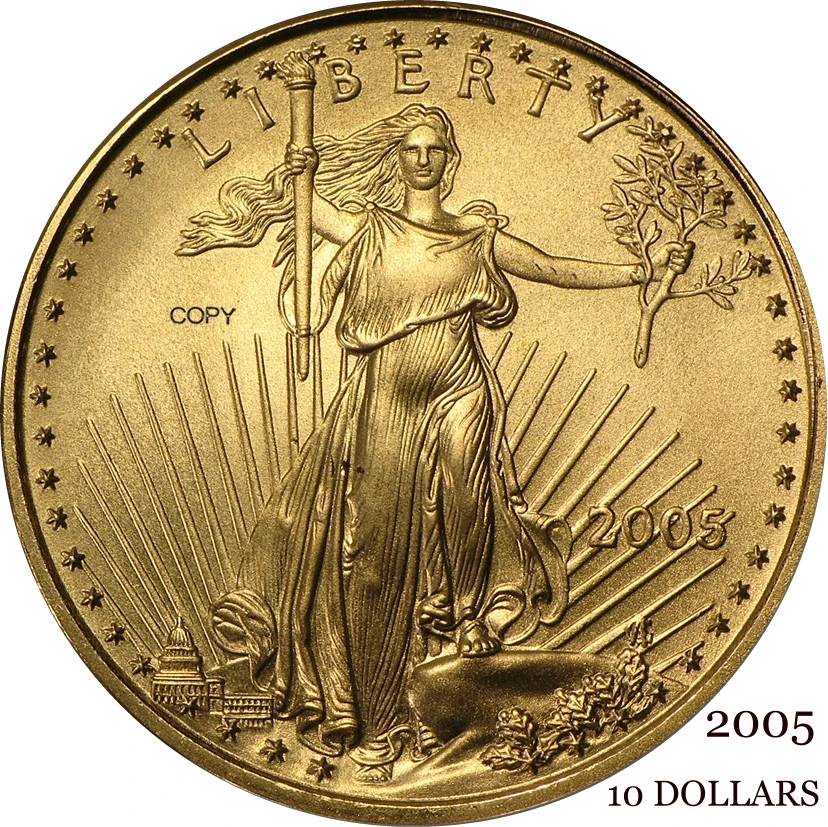 United States US 2005 10 Ten Dollars Quarter Ounce American Gold Eagle Bullion Coinage USA Liberty Gold Brass Metal Copy Coin
United States US 2005 10 Ten Dollars Quarter Ounce American Gold Eagle Bullion Coinage USA Liberty Gold Brass Metal Copy Coin