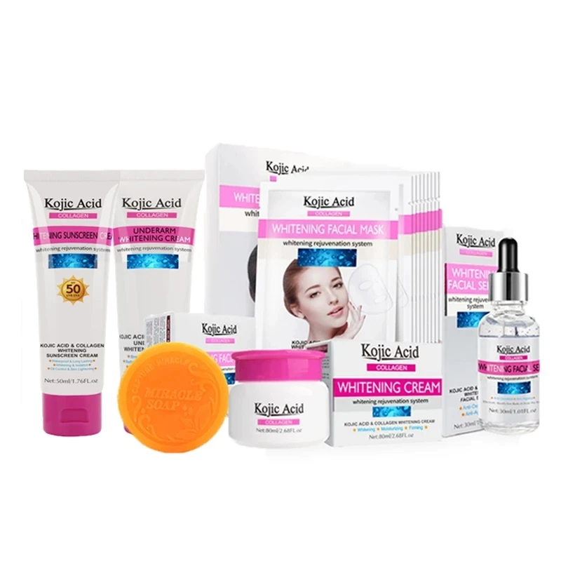 

Kojic Acid Whitening Face Cream Moisturizer Facial Mask Collagen Face Repair Serum Suncreen Facial Soap Anti-Aging Skincare Set