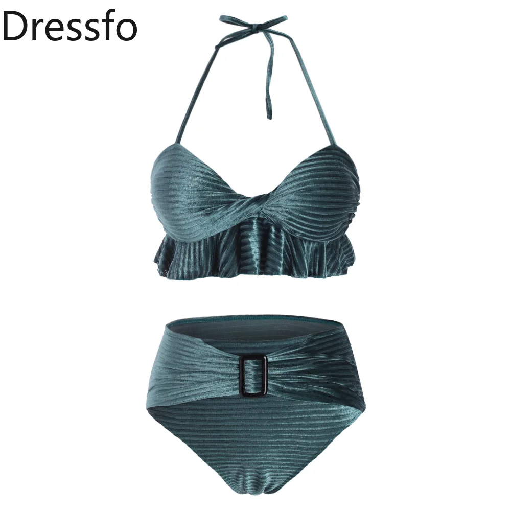 

Dressfo Vintage Velvet Swimsuit Ruffles Halter Twisited Corset Bikini Swimsuit Women Bathing Set Swimwear Bikini Beachwear 2023