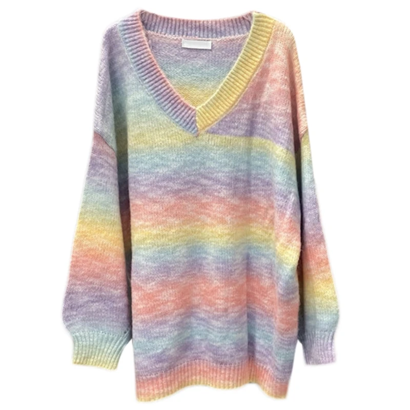 Women Long Sleeve Rainbow Knitted Sweater Sexy V-neck Loose Pullover Jumper Cardigan Female Spring Autumn Tops Streetwear 
Women Long Sleeve Rainbow Knitted Sweater Sexy V-neck Loose Pullover Jumper Cardigan Female Spring Autumn Tops Streetwear