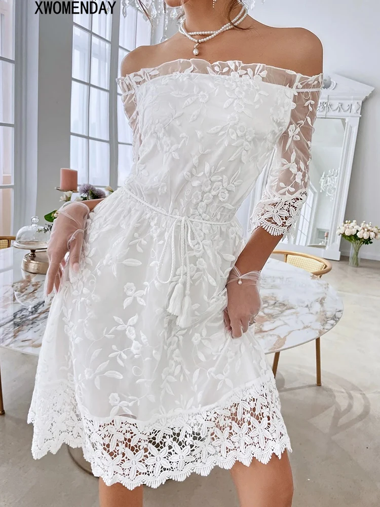 Summer Sexy Lace Mesh Dress Women Elegant Backless Off Shoulder Lace-up Midi Party Dresses Fashion Solid White A-line Dress 2022
Summer Sexy Lace Mesh Dress Women Elegant Backless Off Shoulder Lace-up Midi Party Dresses Fashion Solid White A-line Dress 2022