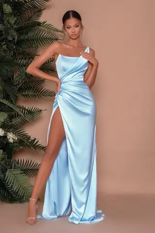 Атласные вечерние платья цвета шампанского с высоким разрезом и одним открытым плечом, асимметричный дизайн для женщин, свадебное вечернее плиссированное платье подружки невесты