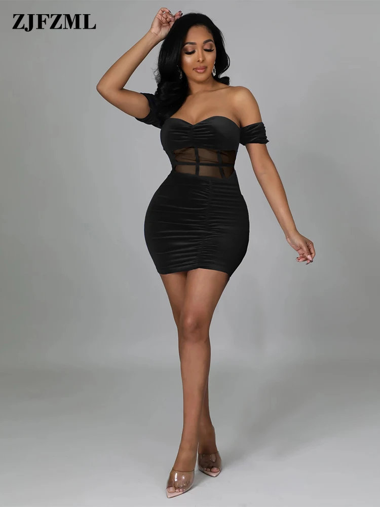 

Gorgeous Mesh Patchwork See Through Bodycon Dress Women Black Off The Shoulder Ruched Dresses Sexy Burgundy Backless Club Dress