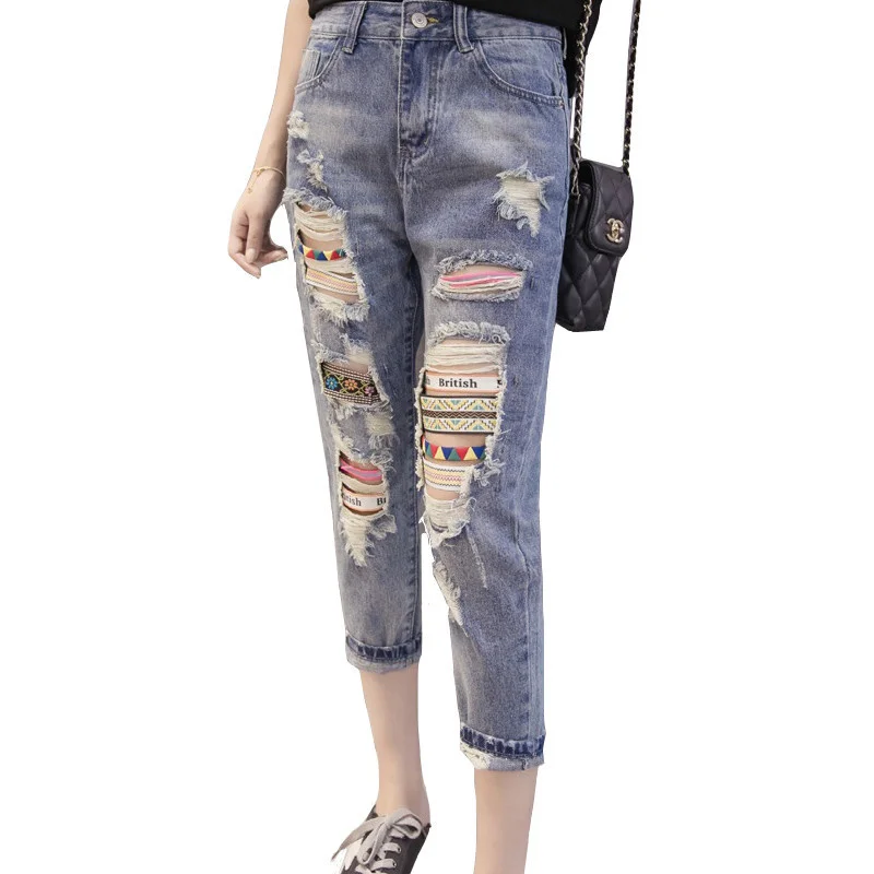 

Модные рваные джинсы с дырками, женские брюки-карандаш с высокой талией в стиле бойфренда для женщин, повседневные брюки из денима с лентой