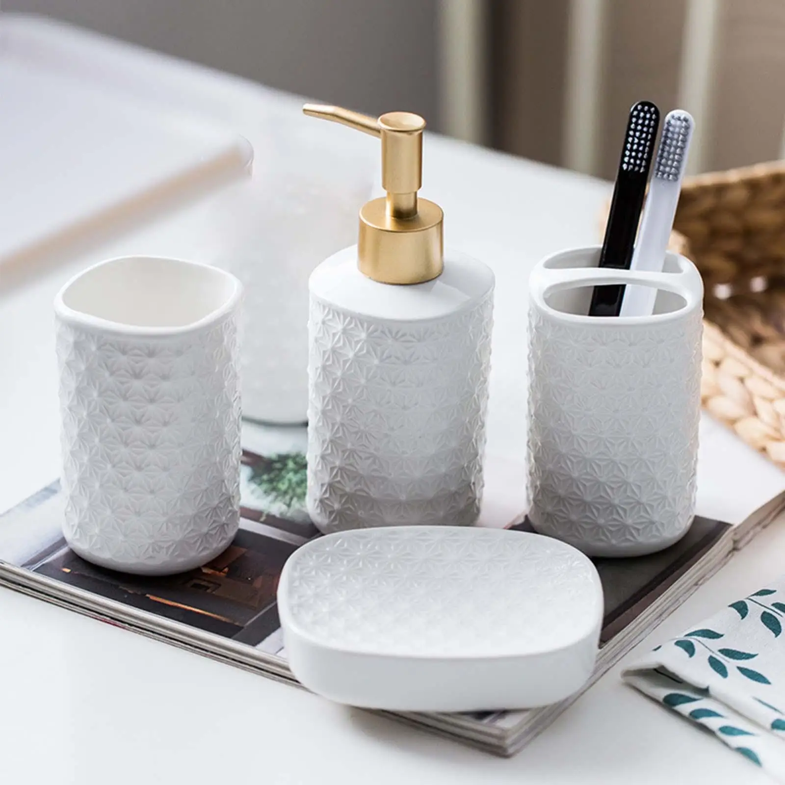 Bathroom Accessories Set Lotion Bottle Ceramic Toothbrush Cup Soap Dish Bath Kit for Bathroom Counter Hotel Dorm Apartment Home
Bathroom Accessories Set Lotion Bottle Ceramic Toothbrush Cup Soap Dish Bath Kit for Bathroom Counter Hotel Dorm Apartment Home