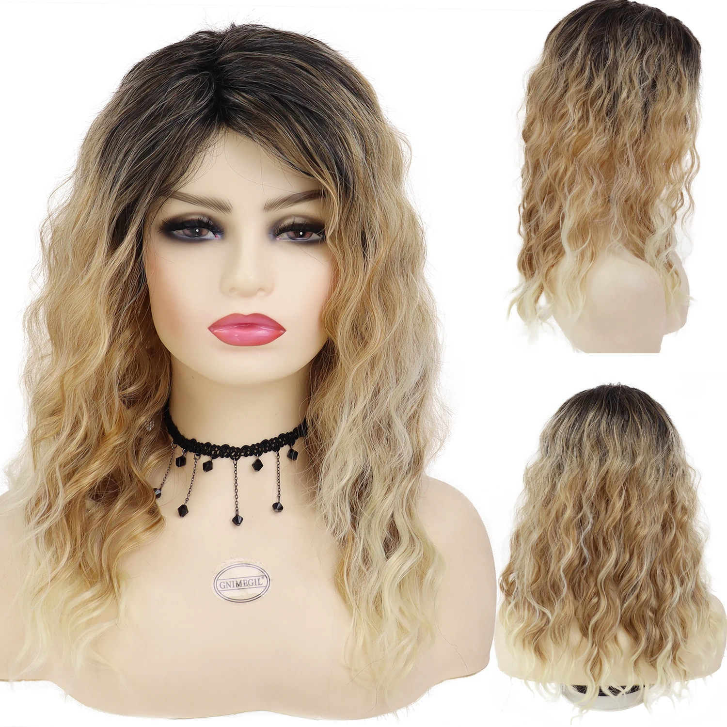 

GNIMEGIL Female Waving Wig Blonde Synthetic Wigs for Women Dark Roots Ombre Wig Long Curly Wavy Natural Wig Fluffy Hairstyles