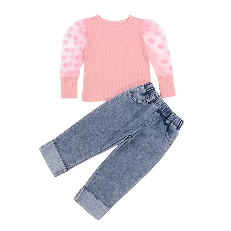 Детские длинные рукава + джинсы с бантом декольте украшение сетка трикотажная строчка Высокая талия весенняя одежда 
Детские длинные рукава + джинсы с бантом декольте украшение сетка трикотажная строчка Высокая талия весенняя одежда