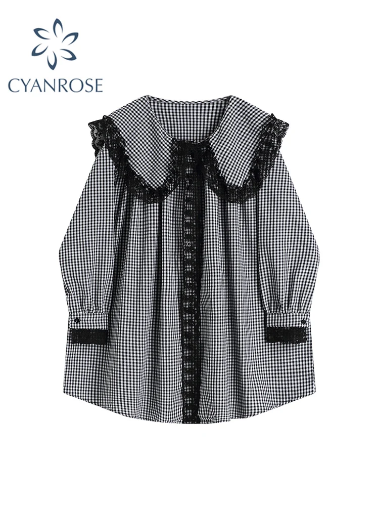 Elegant Chiffon Women Plaid Lace Patchwork Blouse Vintage Casual Ladies Korean Loose Long-sleeved Peter Pan Collar Solid Shirt
Elegant Chiffon Women Plaid Lace Patchwork Blouse Vintage Casual Ladies Korean Loose Long-sleeved Peter Pan Collar Solid Shirt