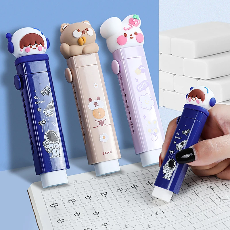 

1set Cute Cartoon Push-pull Design Erasers Student Kawaii Kid Pencil Eraser Replaceable Rubber Core Stationery for School Office