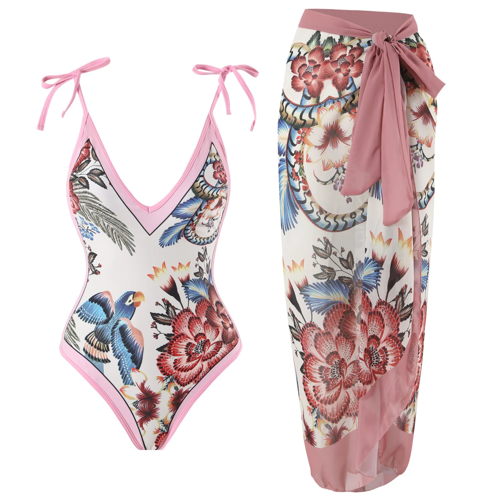 

Women Swimsuits with Deep V-Neckline, Fine Strap Shoulders and Parrot Print Tied with Ribbon, Paired with a Cover-Up
