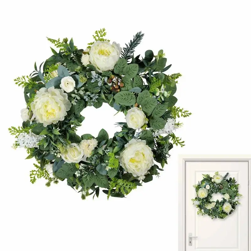 

Весенний венок с пионами и зелеными листьями для передней части, весенний белый цветочный подвесной декор, приветственные венки для передней части